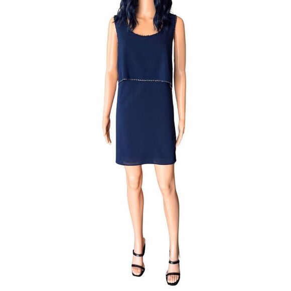 Charming Charlie Navy Blue Beaded Trim Cocktail Mini Sheath Dress Size Large NWT - Picture 3 of 7